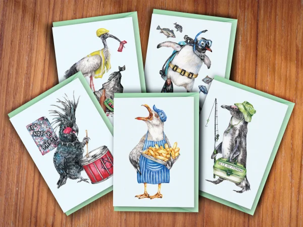 Kayla Reay Set of 5 Greeting Cards Birds in Outfits