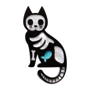 Tabby Tombstone brooch 2018 (blue fish) (old style silver plated pin - has tarnish)