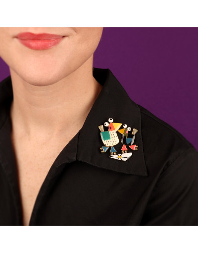 Taratata Roule Ma Poule (black and white chickens) brooch - Image 2